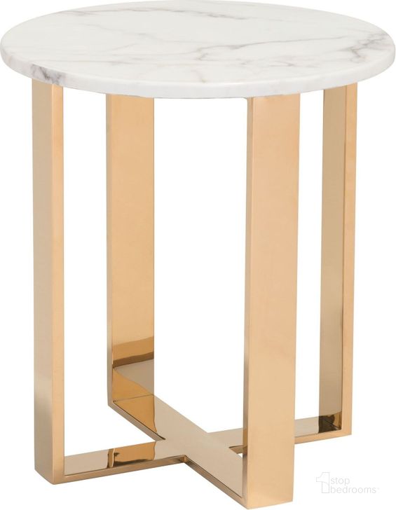 The appearance of Atlas Stone and Gold End Table designed by Zuo Modern in the modern / contemporary interior design. This white piece of furniture  was selected by 1StopBedrooms from Atlas Collection to add a touch of cosiness and style into your home. Sku: 100656. Table Top Shape: Round. Product Type: End Table. Material: Stone. Image1