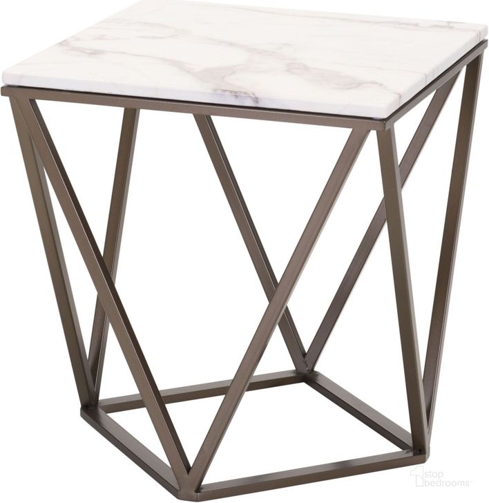 The appearance of Tintern Stone and Antique Brass Steel End Table designed by Zuo Modern in the modern / contemporary interior design. This brown piece of furniture  was selected by 1StopBedrooms from Tintern Collection to add a touch of cosiness and style into your home. Sku: 100658. Table Top Shape: Square. Material: Metal. Product Type: End Table. Image1