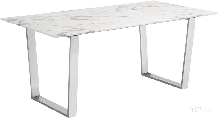 The appearance of Atlas Stone and Stainless Steel Dining Table designed by Zuo Modern in the modern / contemporary interior design. This white and chrome piece of furniture  was selected by 1StopBedrooms from Atlas Collection to add a touch of cosiness and style into your home. Sku: 100707. Table Base Style: Double Pedestal. Material: Metal. Product Type: Dining Table. Table Top Shape: Rectangular. Size: 71". Image1
