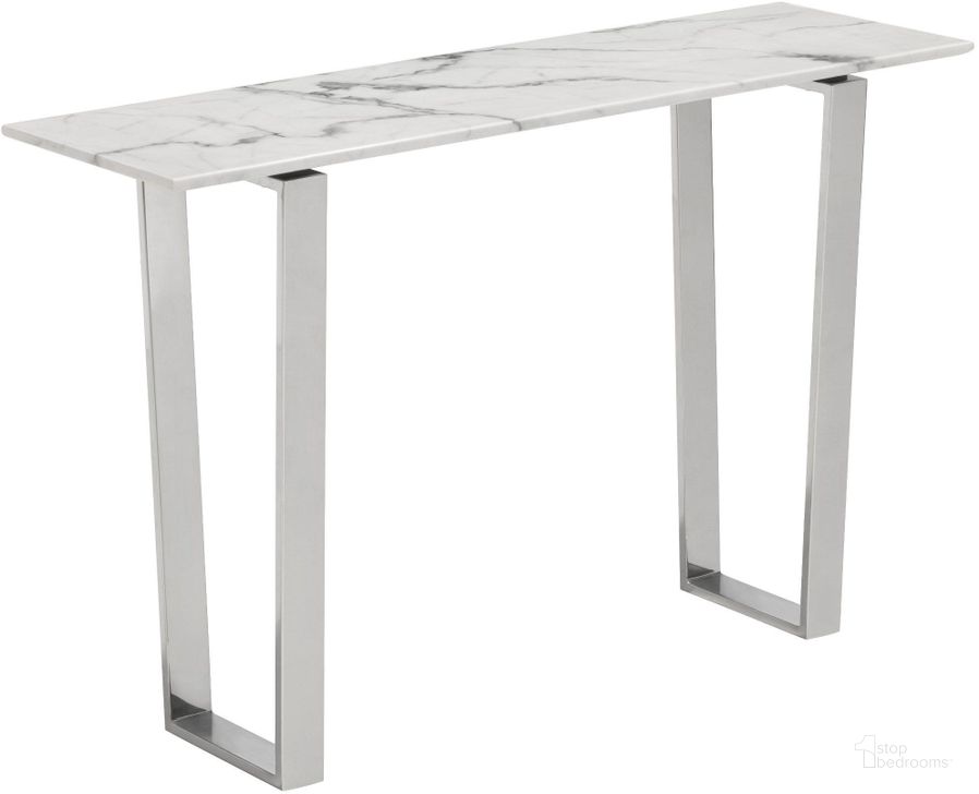 The appearance of Atlas Stone and Stainless Steel Console Table designed by Zuo Modern in the modern / contemporary interior design. This white and chrome piece of furniture  was selected by 1StopBedrooms from Atlas Collection to add a touch of cosiness and style into your home. Sku: 100709. Material: Metal. Product Type: Console Table. Table Top Shape: Rectangular. Image1