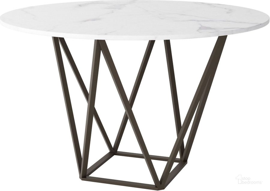 The appearance of Tintern Stone and Antique Brass Steel Dining Table designed by Zuo Modern in the modern / contemporary interior design. This white piece of furniture  was selected by 1StopBedrooms from Tintern Collection to add a touch of cosiness and style into your home. Sku: 100715. Table Base Style: Trestle. Table Top Shape: Round. Material: Metal. Product Type: Dining Table. Size: 51". Image1