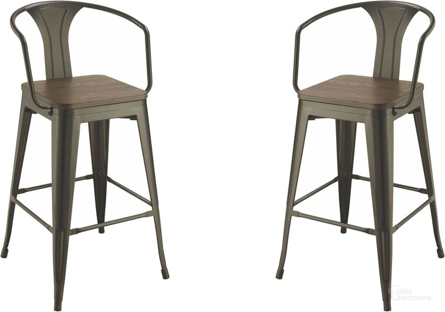 The appearance of Rec Room Dark Elm and Matte Black Bar Stool Set of 2 designed by Coaster in the modern / contemporary interior design. This brown piece of furniture  was selected by 1StopBedrooms from Rec Room Collection to add a touch of cosiness and style into your home. Sku: 100737. Material: Metal. Product Type: Barstool. Image1