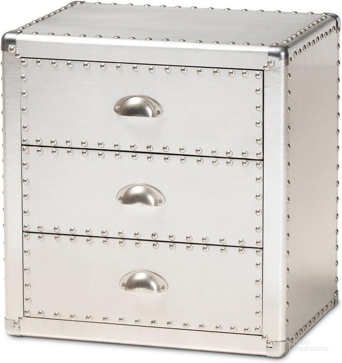 The appearance of Armel French Industrial Silver Metal 3-Drawer Nightstand designed by Baxton Studio in the transitional interior design. This silver piece of furniture  was selected by 1StopBedrooms from Armel Collection to add a touch of cosiness and style into your home. Sku: JY17B163-Silver-NS. Material: Aluminum. Product Type: Nightstand. Image1
