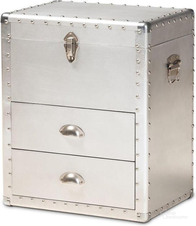 The appearance of Serge French Industrial Silver Metal 2-Drawer Accent Storage Chest designed by Baxton Studio in the transitional interior design. This silver piece of furniture  was selected by 1StopBedrooms from Serge Collection to add a touch of cosiness and style into your home. Sku: JY17B165-Silver-Cabinet. Material: Aluminum. Product Type: Storage Cabinet. Image1