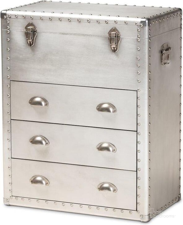 The appearance of Serge French Industrial Silver Metal 3-Drawer Accent Storage Chest designed by Baxton Studio in the transitional interior design. This silver piece of furniture  was selected by 1StopBedrooms from Serge Collection to add a touch of cosiness and style into your home. Sku: JY17B168-Silver-Cabinet. Material: Aluminum. Product Type: Storage Cabinet. Image1