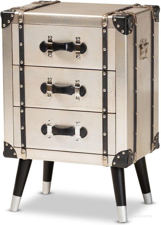 The appearance of Dilan Vintage Industrial Antique Silver Finished Metal Trunk Inspired 3-Drawer Nightstand designed by Baxton Studio in the rustic / southwestern interior design. This silver and black piece of furniture  was selected by 1StopBedrooms from Dilan Collection to add a touch of cosiness and style into your home. Sku: JY19A109-Silver-NS. Material: Aluminum. Product Type: Nightstand. Image1