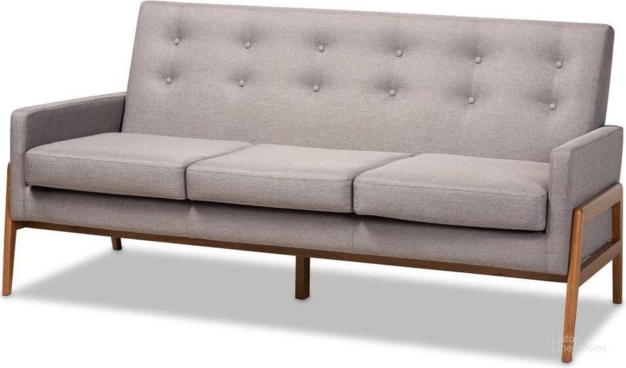 The appearance of Perris Mid-Century Modern Light Grey Fabric Upholstered Walnut Finished Wood Sofa designed by Baxton Studio in the transitional interior design. This walnut piece of furniture  was selected by 1StopBedrooms from Perris Collection to add a touch of cosiness and style into your home. Sku: BBT8042-Grey/Walnut-SF. Material: Polyester. Product Type: Sofa. Image1