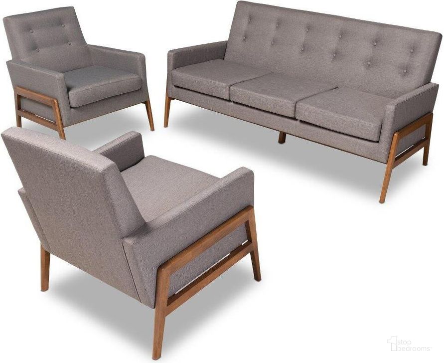 The appearance of Perris Mid-Century Modern Light Grey Fabric Upholstered Walnut Finished Wood 3-Piece Living Room Set designed by Baxton Studio in the transitional interior design. This walnut piece of furniture  was selected by 1StopBedrooms from Perris Collection to add a touch of cosiness and style into your home. Sku: BBT8042-Grey/Walnut-3PC Set. Material: Polyester. Product Type: Living Room Set. Image1