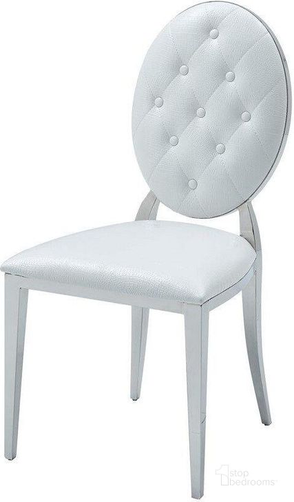 The appearance of 110 Side Chair In White designed by ESF in the  interior design. This white piece of furniture  was selected by 1StopBedrooms from Extravaganza Collection to add a touch of cosiness and style into your home. Sku: 110CHAIRSIDEWHITE. Product Type: Dining Chair. Material: Stainless Steel. Image1