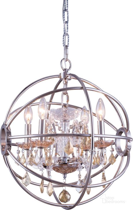 The appearance of Geneva 17 Polished nickel 4 Light Pendant With Golden Teak Royal Cut Crystal Trim designed by Elegant Lighting in the transitional interior design. This gold piece of furniture  was selected by 1StopBedrooms from Geneva Collection to add a touch of cosiness and style into your home. Sku: 1130D17PN-GT/RC. Material: Glass. Product Type: Pendant Lighting.