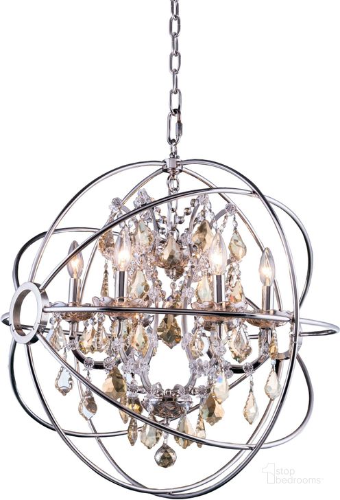The appearance of Geneva 25 Polished nickel 6 Light Chandelier With Golden Teak Royal Cut Crystal Trim designed by Elegant Lighting in the transitional interior design. This silver piece of furniture  was selected by 1StopBedrooms from Geneva Collection to add a touch of cosiness and style into your home. Sku: 1130D25PN-GT/RC. Material: Glass. Product Type: Chandelier.