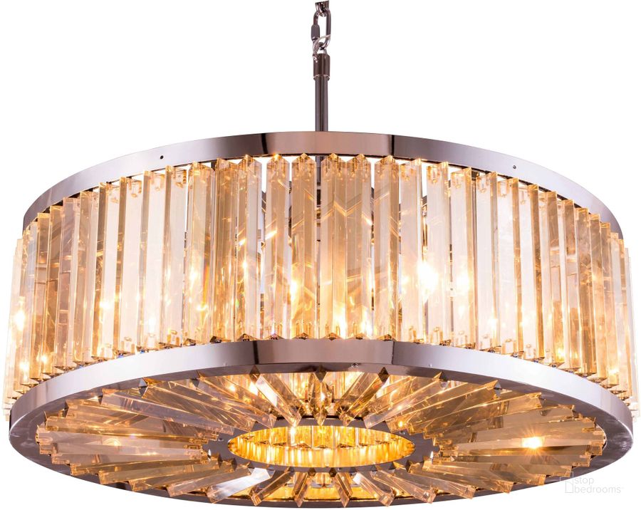The appearance of Chelsea 35.5 Polished nickel 10 Light Chandelier With Golden Teak Royal Cut Crystal Trim designed by Elegant Lighting in the glam interior design. This silver piece of furniture  was selected by 1StopBedrooms from Chelsea Collection to add a touch of cosiness and style into your home. Sku: 1203D35PN-GT/RC. Material: Steel. Product Type: Chandelier.