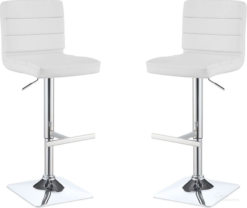 The appearance of 120694 White Adjustable Bar Stool Set of 2 designed by Coaster in the modern / contemporary interior design. This white piece of furniture  was selected by 1StopBedrooms from Miscellaneous Collection to add a touch of cosiness and style into your home. Sku: 120694. Product Type: Barstool. Material: Plywood. Image1