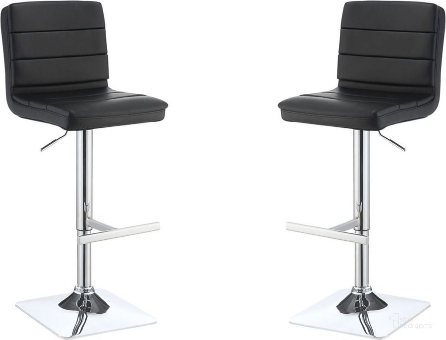 The appearance of Black Upholstered Adjustable Bar Stool Set of 2 designed by Coaster in the modern / contemporary interior design. This black piece of furniture  was selected by 1StopBedrooms from Black Collection to add a touch of cosiness and style into your home. Sku: 120695. Product Type: Barstool. Material: Vinyl. Image1