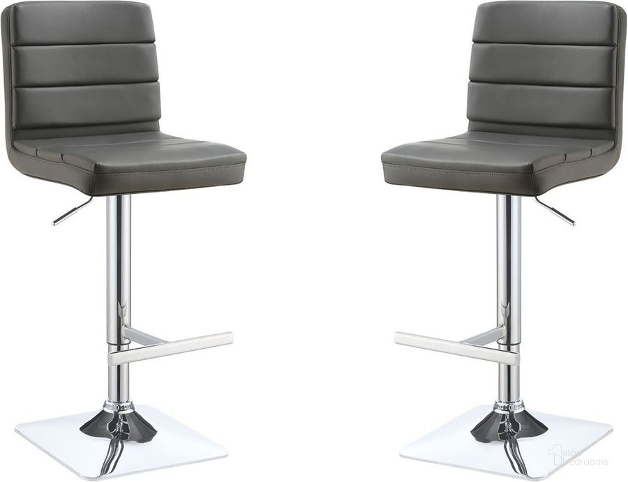 The appearance of Grey Adjustable Bar Stool Set of 2 designed by Coaster in the modern / contemporary interior design. This gray piece of furniture  was selected by 1StopBedrooms from  to add a touch of cosiness and style into your home. Sku: 120696. Product Type: Barstool. Material: Vinyl. Image1