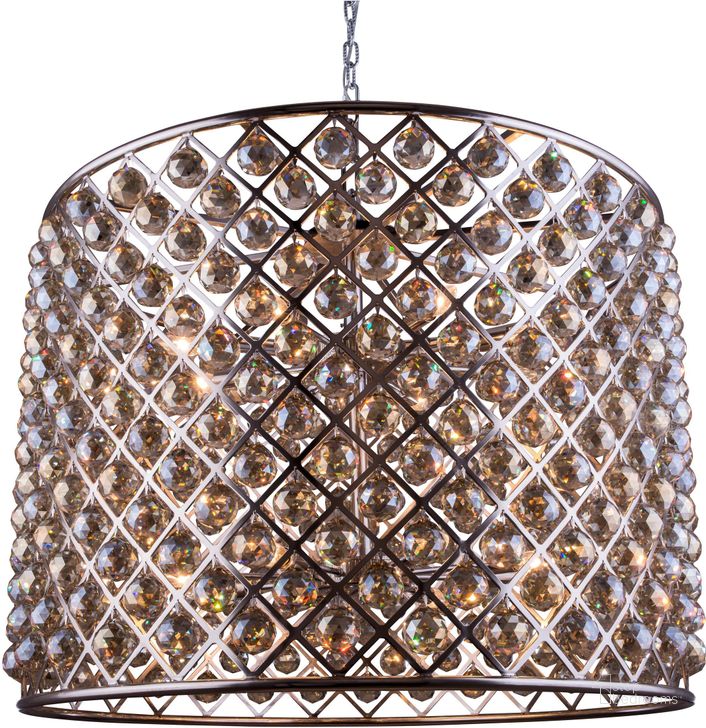 The appearance of Madison 35.5 Polished nickel 12 Light Chandelier With Golden Teak Royal Cut Crystal Trim designed by Elegant Lighting in the glam interior design. This silver piece of furniture  was selected by 1StopBedrooms from Madison Collection to add a touch of cosiness and style into your home. Sku: 1206D35PN-GT/RC. Material: Steel. Product Type: Chandelier.