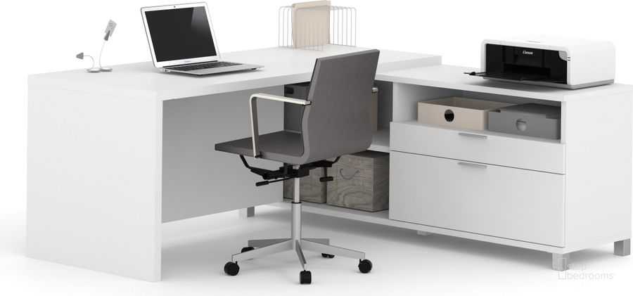 The appearance of Pro-Linea White L-Desk designed by Bestar in the modern / contemporary interior design. This white piece of furniture  was selected by 1StopBedrooms from Pro-Linea Collection to add a touch of cosiness and style into your home. Sku: 120863-17. Material: Wood. Product Type: Executive Desk. Table Top Shape: L Shape. Image1