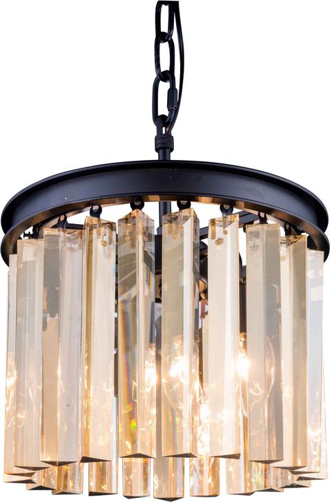 The appearance of Sydney 12 Matte Black 3 Light Pendant With Golden Teak Royal Cut Crystal Trim designed by Elegant Lighting in the glam interior design. This black piece of furniture  was selected by 1StopBedrooms from Sydney Collection to add a touch of cosiness and style into your home. Sku: 1208D12MB-GT/RC. Material: Steel. Product Type: Pendant Lighting.