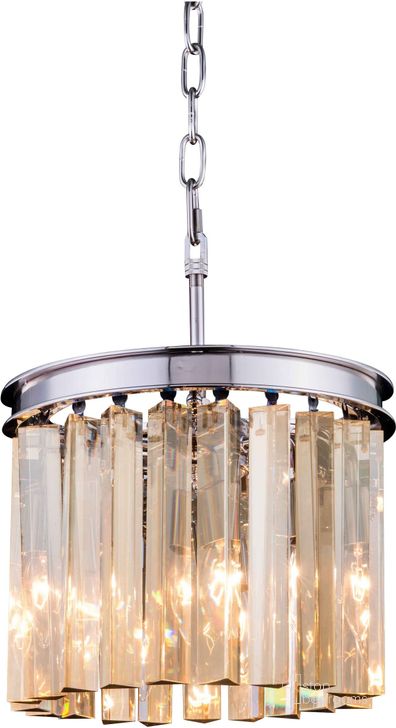 The appearance of Sydney 12 Polished nickel 3 Light Pendant With Golden Teak Royal Cut Crystal Trim designed by Elegant Lighting in the glam interior design. This silver piece of furniture  was selected by 1StopBedrooms from Sydney Collection to add a touch of cosiness and style into your home. Sku: 1208D12PN-GT/RC. Material: Steel. Product Type: Pendant Lighting.