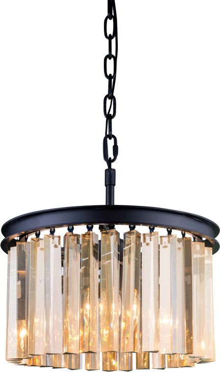 The appearance of Sydney 16 Matte Black 3 Light Pendant With Golden Teak Royal Cut Crystal Trim designed by Elegant Lighting in the glam interior design. This black piece of furniture  was selected by 1StopBedrooms from Sydney Collection to add a touch of cosiness and style into your home. Sku: 1208D16MB-GT/RC. Material: Steel. Product Type: Pendant Lighting.