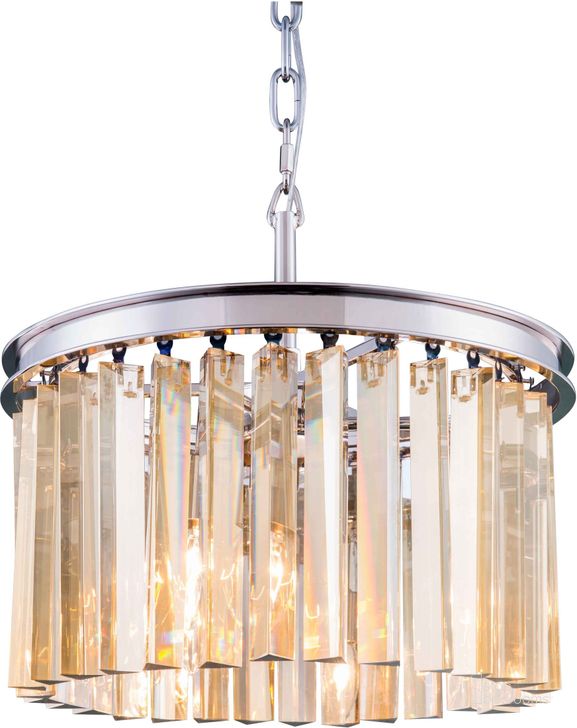 The appearance of Sydney 16 Polished nickel 3 Light Pendant With Golden Teak Royal Cut Crystal Trim designed by Elegant Lighting in the glam interior design. This silver piece of furniture  was selected by 1StopBedrooms from Sydney Collection to add a touch of cosiness and style into your home. Sku: 1208D16PN-GT/RC. Material: Steel. Product Type: Pendant Lighting.