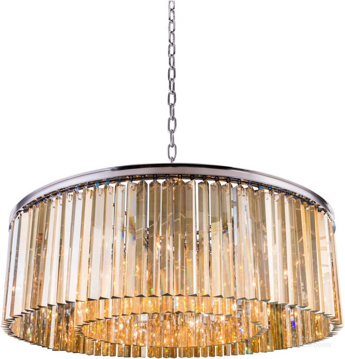 The appearance of Sydney 43.5 Polished nickel 10 Light Chandelier With Golden Teak Royal Cut Crystal Trim designed by Elegant Lighting in the transitional interior design. This silver piece of furniture  was selected by 1StopBedrooms from Sydney Collection to add a touch of cosiness and style into your home. Sku: 1208G43PN-GT/RC. Material: Steel. Product Type: Chandelier.