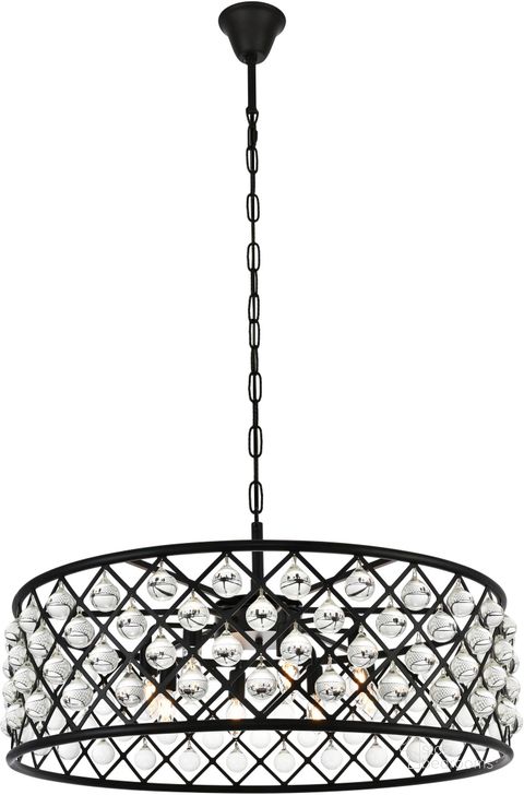 The appearance of Madison 32" Matte Black 8 Light Chandelier Royal Cut Crystal Trim designed by Elegant Lighting in the transitional interior design. This black piece of furniture  was selected by 1StopBedrooms from Madison Collection to add a touch of cosiness and style into your home. Sku: 1213D32MB/RC. Material: Steel. Product Type: Chandelier. Image1