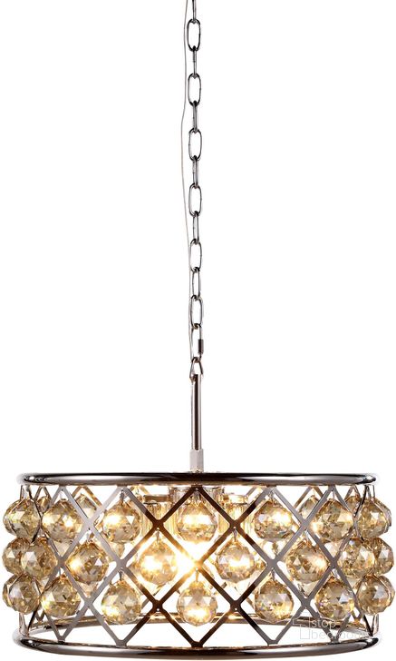 The appearance of Madison 20 Polished Nickel 5 Light Chandelier With Golden Teak Royal Cut Crystal Trim designed by Elegant Lighting in the transitional interior design. This silver piece of furniture  was selected by 1StopBedrooms from Madison Collection to add a touch of cosiness and style into your home. Sku: 1214D20PN-GT/RC. Material: Steel. Product Type: Chandelier.