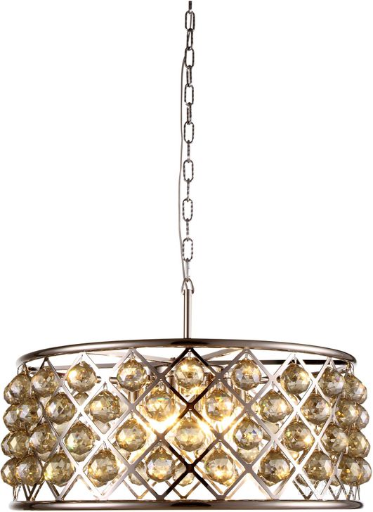 The appearance of Madison 25 Polished Nickel 6 Light Chandelier With Golden Teak Royal Cut Crystal Trim designed by Elegant Lighting in the transitional interior design. This silver piece of furniture  was selected by 1StopBedrooms from Madison Collection to add a touch of cosiness and style into your home. Sku: 1214D25PN-GT/RC. Material: Steel. Product Type: Chandelier.