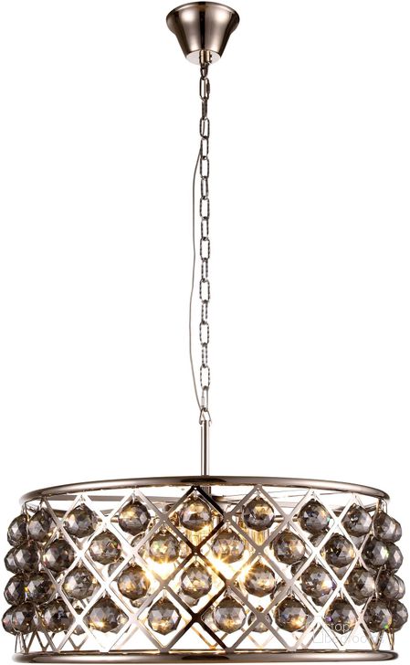 The appearance of Madison 25 Polished Nickel 6 Light Chandelier With Silver Shade Royal Cut Crystal Trim designed by Elegant Lighting in the transitional interior design. This silver piece of furniture  was selected by 1StopBedrooms from Madison Collection to add a touch of cosiness and style into your home. Sku: 1214D25PN-SS/RC. Material: Steel. Product Type: Chandelier.