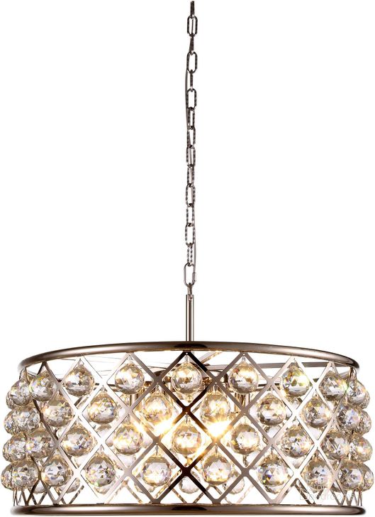 The appearance of Madison 25 Polished Nickel 6 Light Chandelier With Clear Royal Cut Crystal Trim designed by Elegant Lighting in the transitional interior design. This silver piece of furniture  was selected by 1StopBedrooms from Madison Collection to add a touch of cosiness and style into your home. Sku: 1214D25PN/RC. Material: Steel. Product Type: Chandelier.