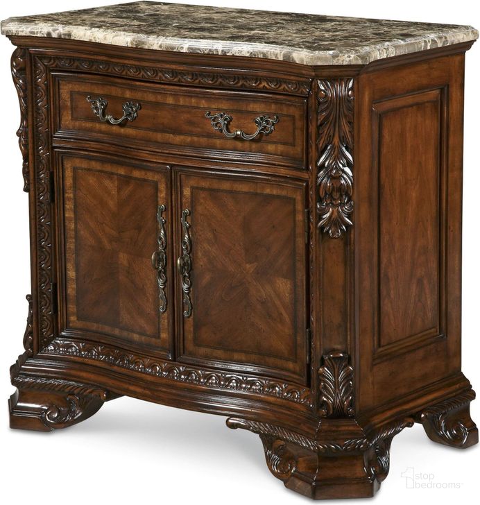 The appearance of Old World Stone Top Door Nightstand designed by A.R.T. in the modern / contemporary interior design. This brown piece of furniture  was selected by 1StopBedrooms from Old World Collection to add a touch of cosiness and style into your home. Sku: 143142-2606. Product Type: Nightstand. Material: Stone. Image1