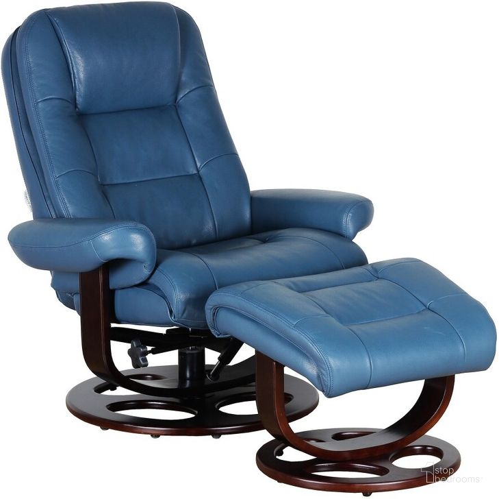 The appearance of 15-8021 Jacque Swivel Pedestal Recliner With Ottoman In Roman Blue designed by BarcaLounger in the transitional interior design. This blue piece of furniture  was selected by 1StopBedrooms from Jacque Collection to add a touch of cosiness and style into your home. Sku: 158021376046. Product Type: Recliner. Material: Leather Match. Image1