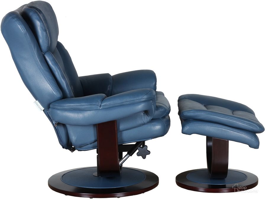 The appearance of 15-8039 Roscoe Swivel Pedestal Recliner With Ottoman In Roman Blue designed by BarcaLounger in the transitional interior design. This blue piece of furniture  was selected by 1StopBedrooms from Roscoe Collection to add a touch of cosiness and style into your home. Sku: 158039376046. Product Type: Recliner. Material: Leather Match. Image1
