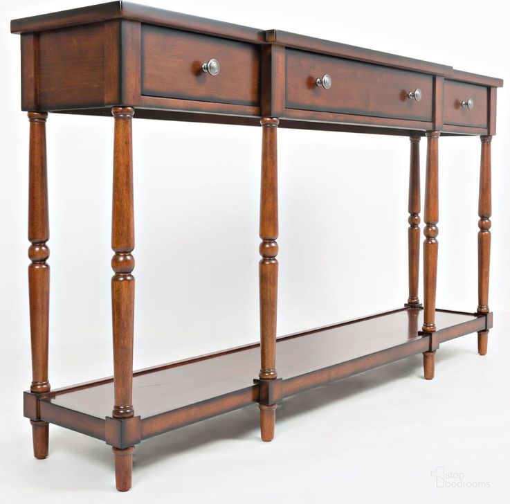 The appearance of Stately Home 60" Antique Mahogany Console designed by Jofran in the transitional interior design. This brown piece of furniture  was selected by 1StopBedrooms from Stately Home Collection to add a touch of cosiness and style into your home. Sku: 1632-60. Material: Wood. Product Type: TV Console. Image1
