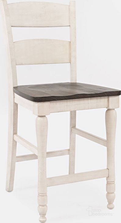 The appearance of Madison County Vintage White Ladderback Counter Stool Set Of 2 designed by Jofran in the transitional interior design. This white piece of furniture  was selected by 1StopBedrooms from Madison County Collection to add a touch of cosiness and style into your home. Sku: 1706-BS401KD. Product Type: Barstool. Material: Pine. Image1