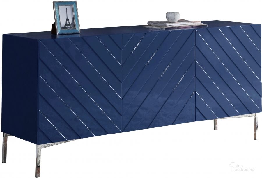 The appearance of Meridian Collette Sideboard/Buffet in Chrome/Navy Blue designed by Meridian in the modern / contemporary interior design. This blue piece of furniture  was selected by 1StopBedrooms from Collette Collection to add a touch of cosiness and style into your home. Sku: 309. Material: Steel. Product Type: Sideboard. Image1
