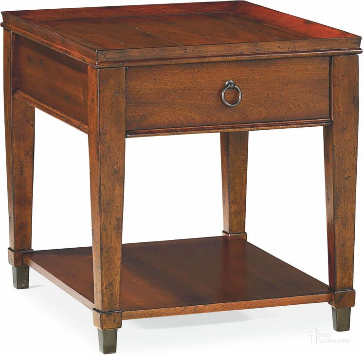 The appearance of Sunset Valley Rich Mahogany Rectangular Drawer End Table designed by Hammary in the transitional interior design. This brown piece of furniture  was selected by 1StopBedrooms from Sunset Valley Collection to add a touch of cosiness and style into your home. Sku: 197-915. Material: Wood. Product Type: End Table. Table Top Shape: Rectangular. Image1