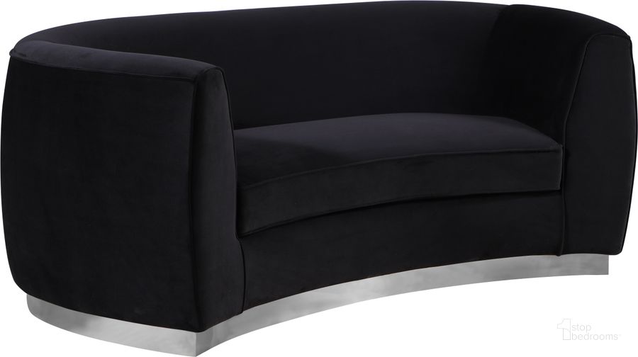 The appearance of Meridian Julian Black Velvet Loveseat designed by Meridian in the modern / contemporary interior design. This black velvet piece of furniture  was selected by 1StopBedrooms from Julian Collection to add a touch of cosiness and style into your home. Sku: 621Black-L. Product Type: Loveseat. Material: Velvet. Image1