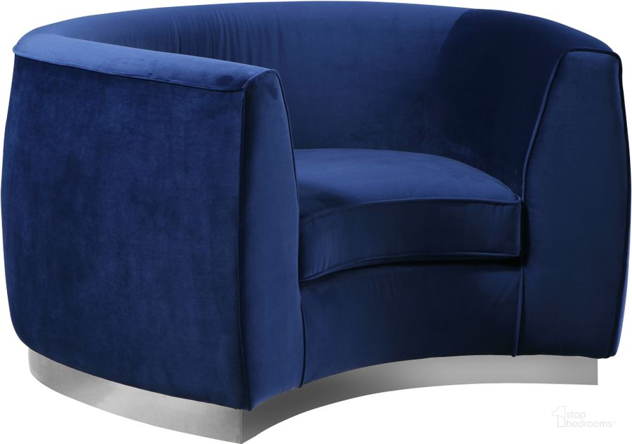 The appearance of Meridian Julian Navy Velvet Chair designed by Meridian in the modern / contemporary interior design. This navy velvet piece of furniture  was selected by 1StopBedrooms from Julian Collection to add a touch of cosiness and style into your home. Sku: 621Navy-C. Product Type: Living Room Chair. Material: Velvet. Image1