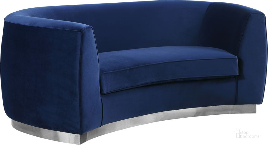 The appearance of Meridian Julian Navy Velvet Loveseat designed by Meridian in the modern / contemporary interior design. This navy velvet piece of furniture  was selected by 1StopBedrooms from Julian Collection to add a touch of cosiness and style into your home. Sku: 621Navy-L. Product Type: Loveseat. Material: Velvet. Image1