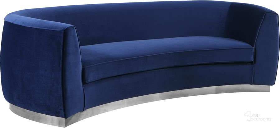The appearance of Meridian Julian Navy Velvet Sofa designed by Meridian in the modern / contemporary interior design. This navy velvet piece of furniture  was selected by 1StopBedrooms from Julian Collection to add a touch of cosiness and style into your home. Sku: 621Navy-S. Product Type: Sofa. Material: Velvet. Image1