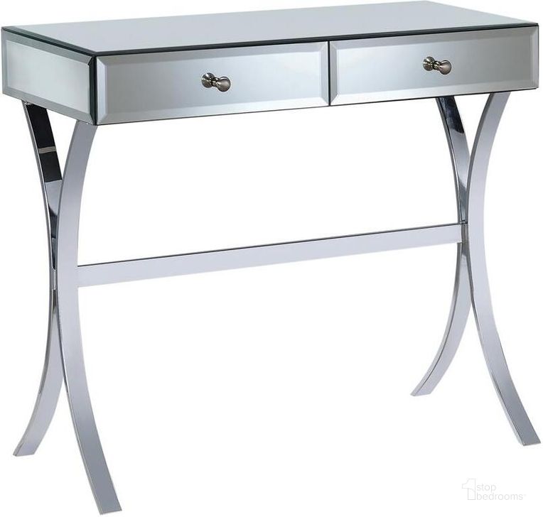 The appearance of 2 Drawer Mirror Console Table designed by Coaster in the modern / contemporary interior design. This silver piece of furniture  was selected by 1StopBedrooms from Console Tables Collection to add a touch of cosiness and style into your home. Sku: 950355. Material: Metal. Product Type: Console Table. Image1
