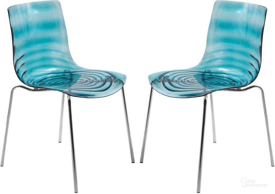 The appearance of 2 LeisureMod Astor Transparent Blue Plastic Dining Chairs designed by LeisureMod in the modern / contemporary interior design. This transparent blue piece of furniture  was selected by 1StopBedrooms from Astor Collection to add a touch of cosiness and style into your home. Sku: AC20TBU2. Product Type: Dining Chair. Material: Plastic. Image1