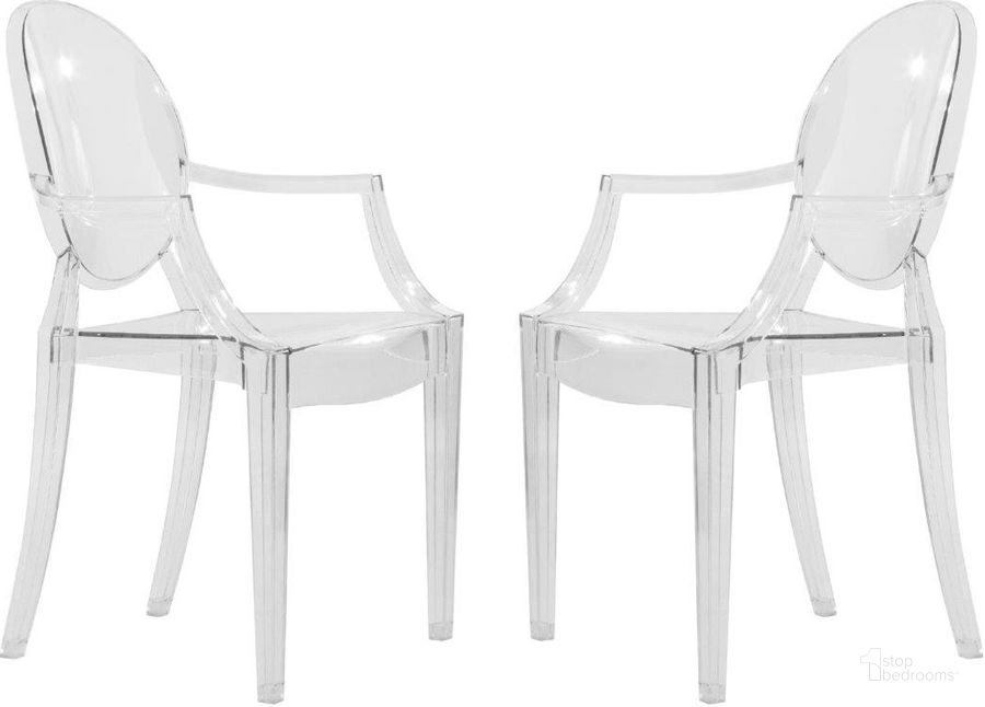 The appearance of 2 LeisureMod Carrol Clear Acrylic Chairs designed by LeisureMod in the modern / contemporary interior design. This clear piece of furniture  was selected by 1StopBedrooms from Carrol Collection to add a touch of cosiness and style into your home. Sku: GC22CL2. Product Type: Arm Chair. Material: Acrylic. Image1