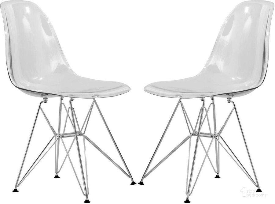 The appearance of 2 LeisureMod Cresco Clear Molded Eiffel Side Chairs designed by LeisureMod in the modern / contemporary interior design. This clear piece of furniture  was selected by 1StopBedrooms from Cresco Collection to add a touch of cosiness and style into your home. Sku: CR19CL2. Product Type: Side Chair. Material: Plastic. Image1