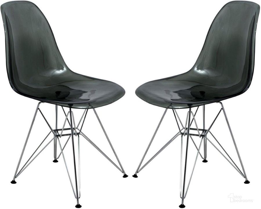 The appearance of 2 LeisureMod Cresco Transparent Black Molded Eiffel Side Chairs designed by LeisureMod in the modern / contemporary interior design. This transparent black piece of furniture  was selected by 1StopBedrooms from Cresco Collection to add a touch of cosiness and style into your home. Sku: CR19TBL2. Product Type: Side Chair. Material: Plastic. Image1