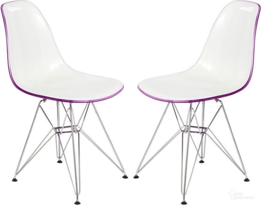 The appearance of 2 LeisureMod Cresco White Purple Molded Eiffel Side Chairs designed by LeisureMod in the modern / contemporary interior design. This white purple piece of furniture  was selected by 1StopBedrooms from Cresco Collection to add a touch of cosiness and style into your home. Sku: CR19WPR2. Product Type: Side Chair. Material: Plastic. Image1