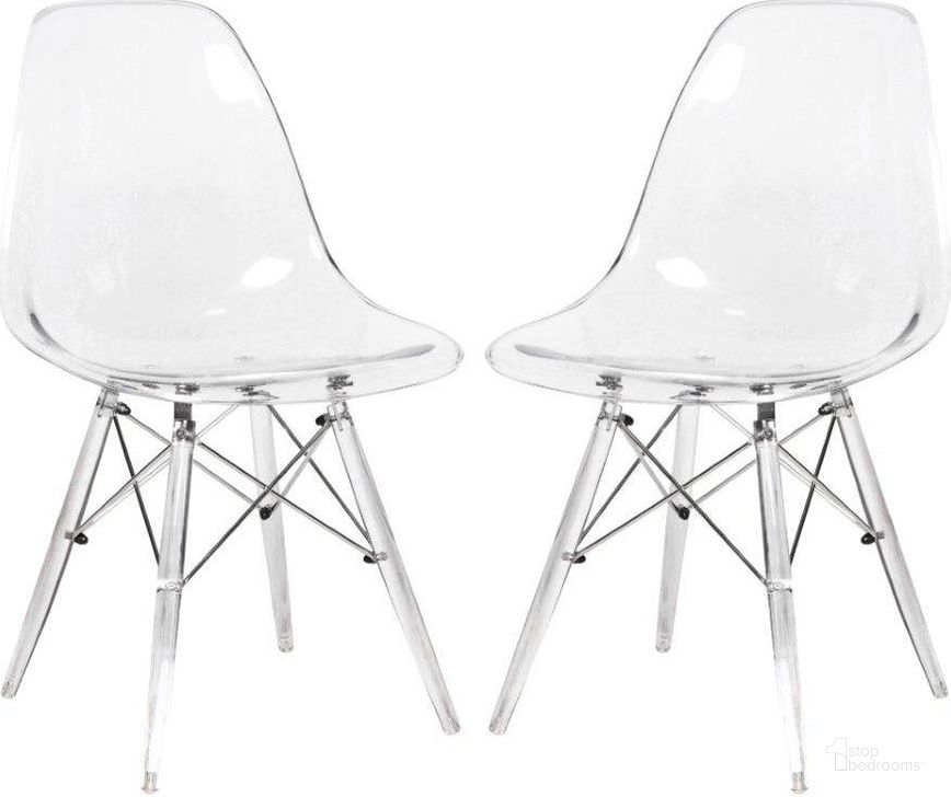 The appearance of 2 LeisureMod Dover Clear Molded Acrylic Base Side Chairs designed by LeisureMod in the modern / contemporary interior design. This clear piece of furniture  was selected by 1StopBedrooms from Dover Collection to add a touch of cosiness and style into your home. Sku: EPC19CL2. Product Type: Side Chair. Material: Plastic. Image1
