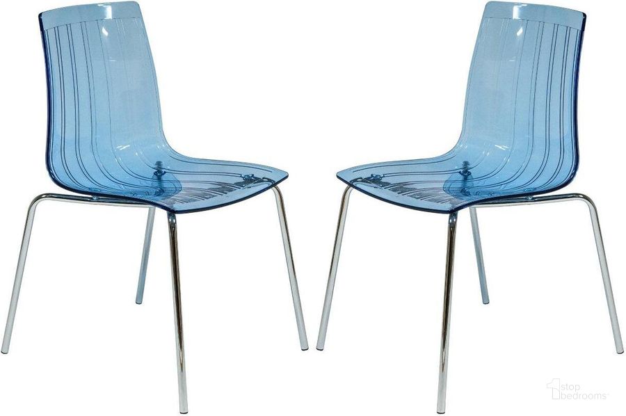 The appearance of 2 LeisureMod Ralph Transparent Blue Dining Chairs designed by LeisureMod in the modern / contemporary interior design. This transparent blue piece of furniture  was selected by 1StopBedrooms from Ralph Collection to add a touch of cosiness and style into your home. Sku: RP20TBU2. Product Type: Dining Chair. Material: Plastic. Image1
